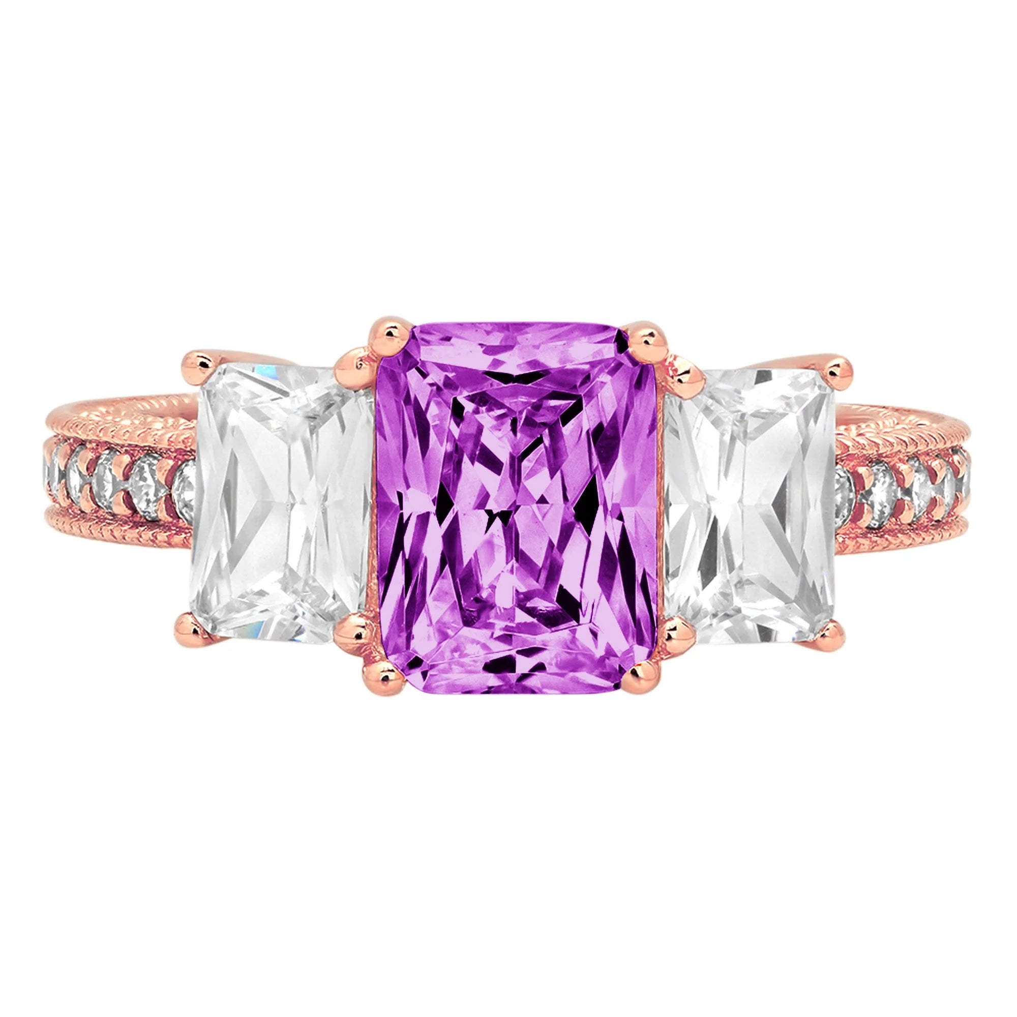 3.61ct emerald cut simulated alexandrite 18k rose gold 3 stone ring size 3.75 I228