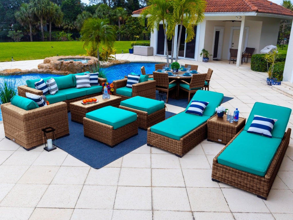 16-Piece Resin Wicker Outdoor Patio Furniture Set with Sofa Ottoman, Round Dining Set, and Chaise Lounge C662