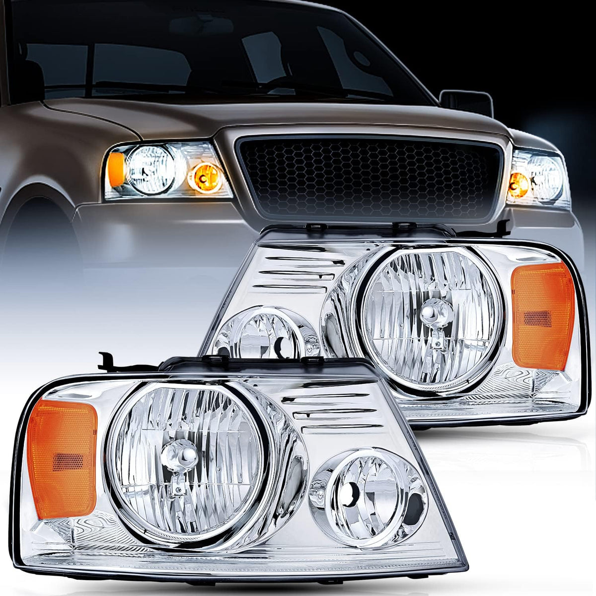 Chrome Housing Amber Reflector Headlight Assembly Replacement B529