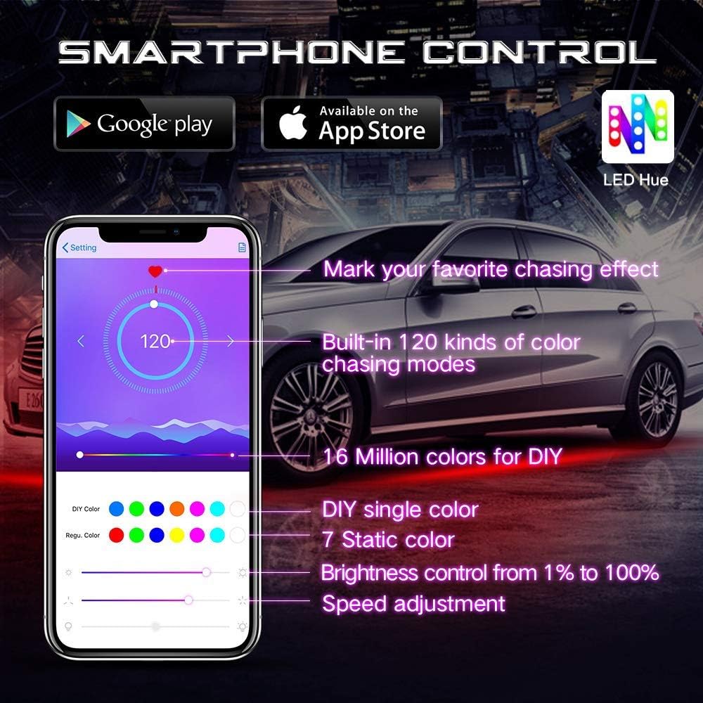Car Underglow Lights, Bluetooth Dream Color Chasing Strip Lights Kit, 6 PCS Waterproof Exterior Car Lights with APP Control, 12V 300 LEDs Underbody Lights, Pack of 2 E655