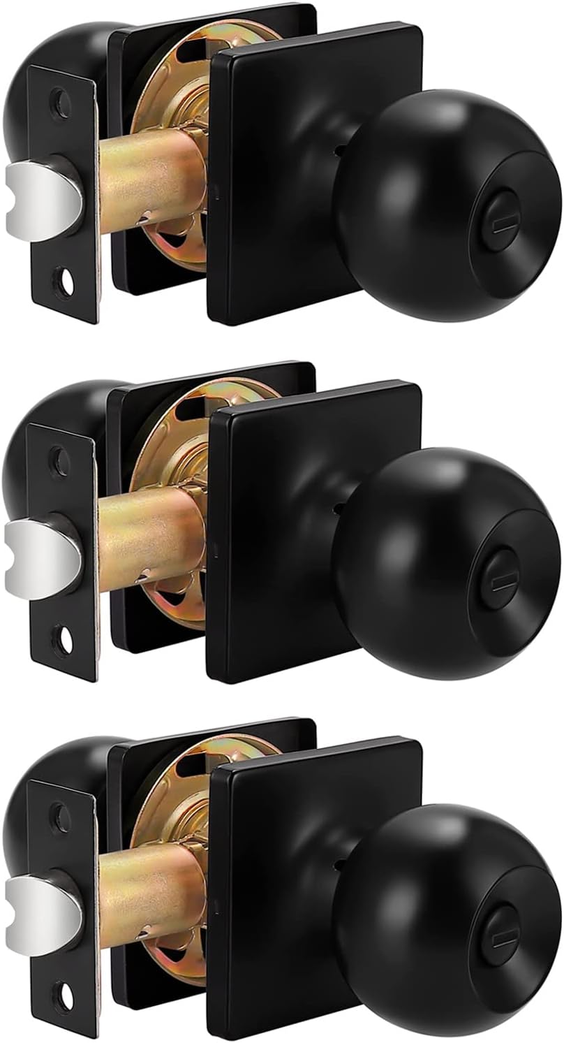 Black Square Rosette Passage Door Knobs, 3 Pack P328