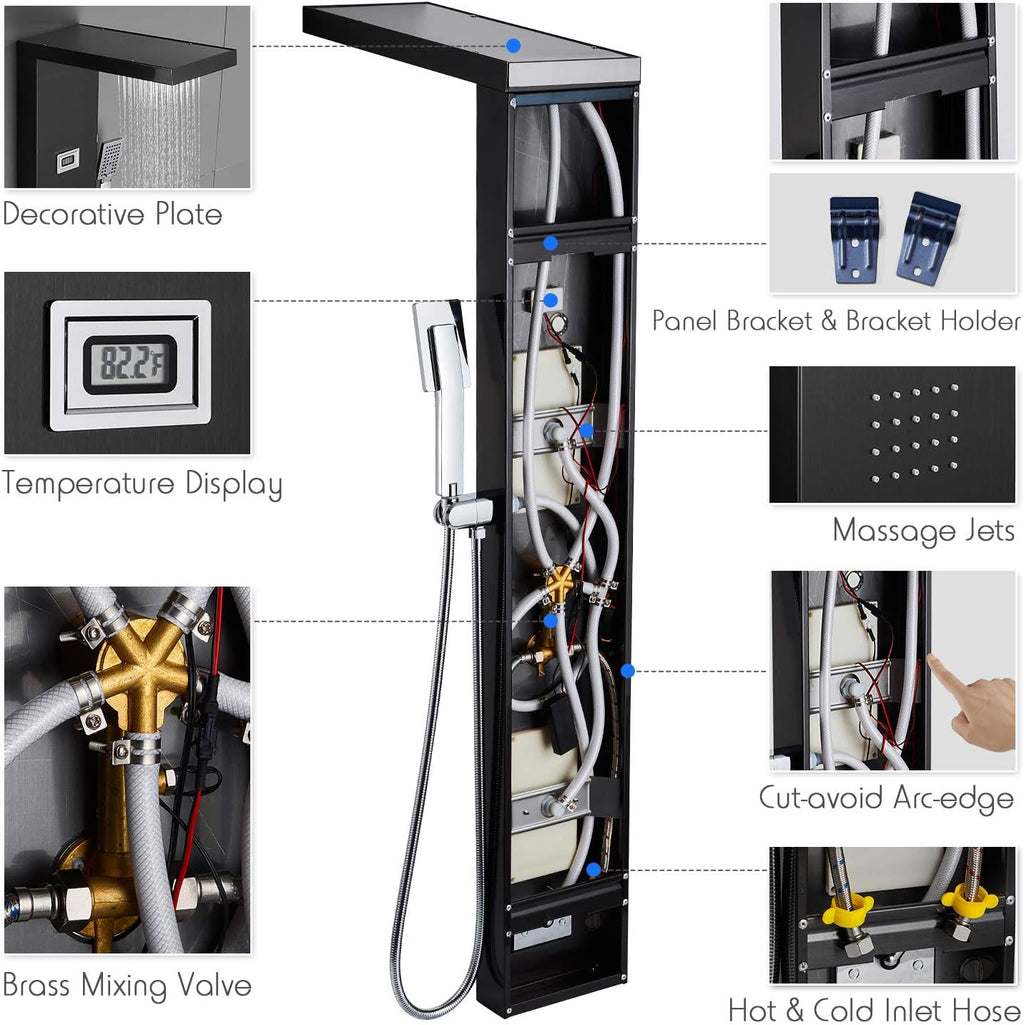 Stainless Steel Shower Panel Tower System with LED Rainfall Shower Head, Handheld Shower Head, 4 Body Jets, Tub Spout, Water Temperature Display R27405