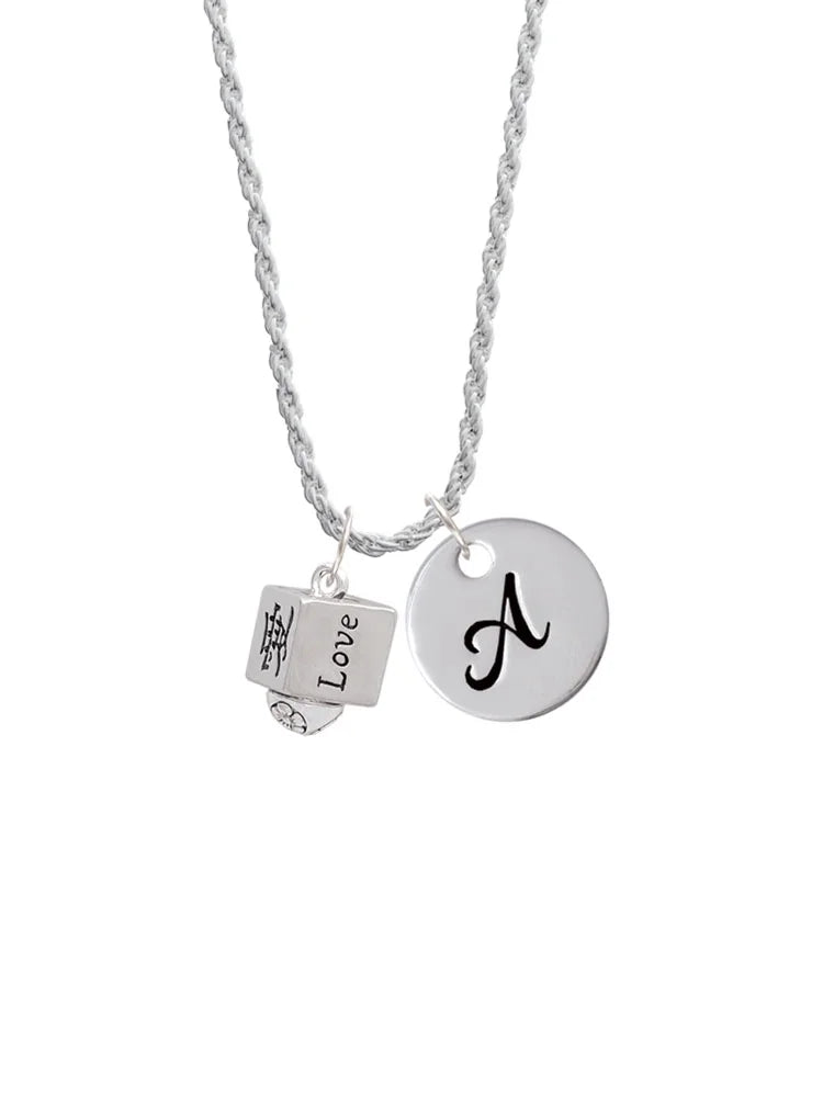 Silvertone Chinese Symbol Love Square Spinner Script Initial Disc Charm Necklace, 20"+3" F69145