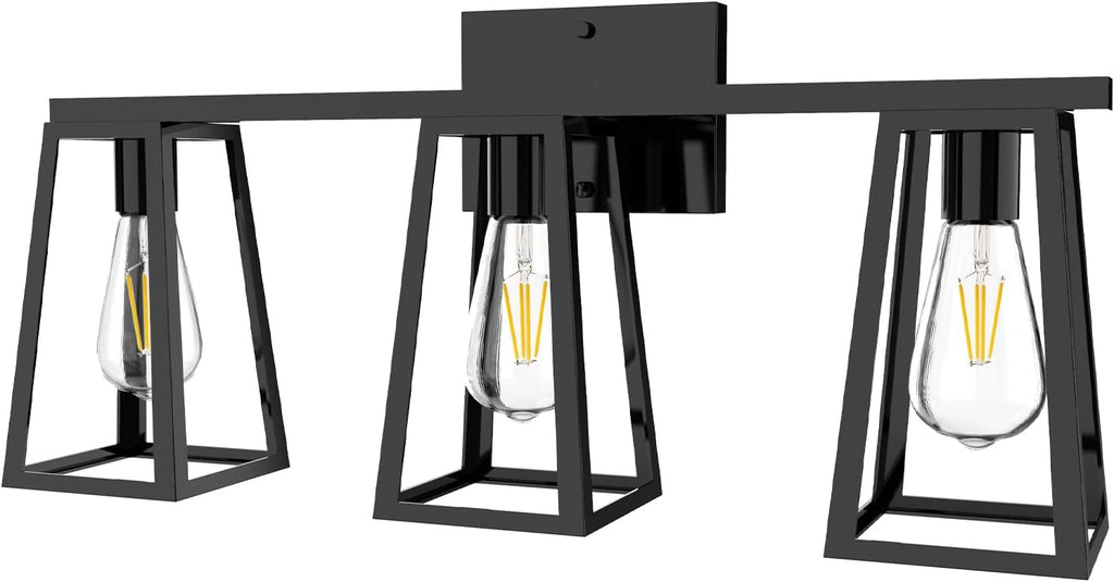 3-Light Matte Black Retro Vanity Light with Amber Glass LED Bulbs S835