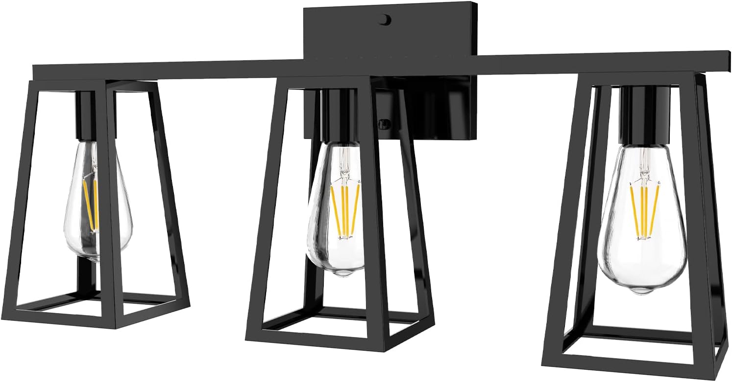 3-Light Matte Black Retro Vanity Light with Amber Glass LED Bulbs S835
