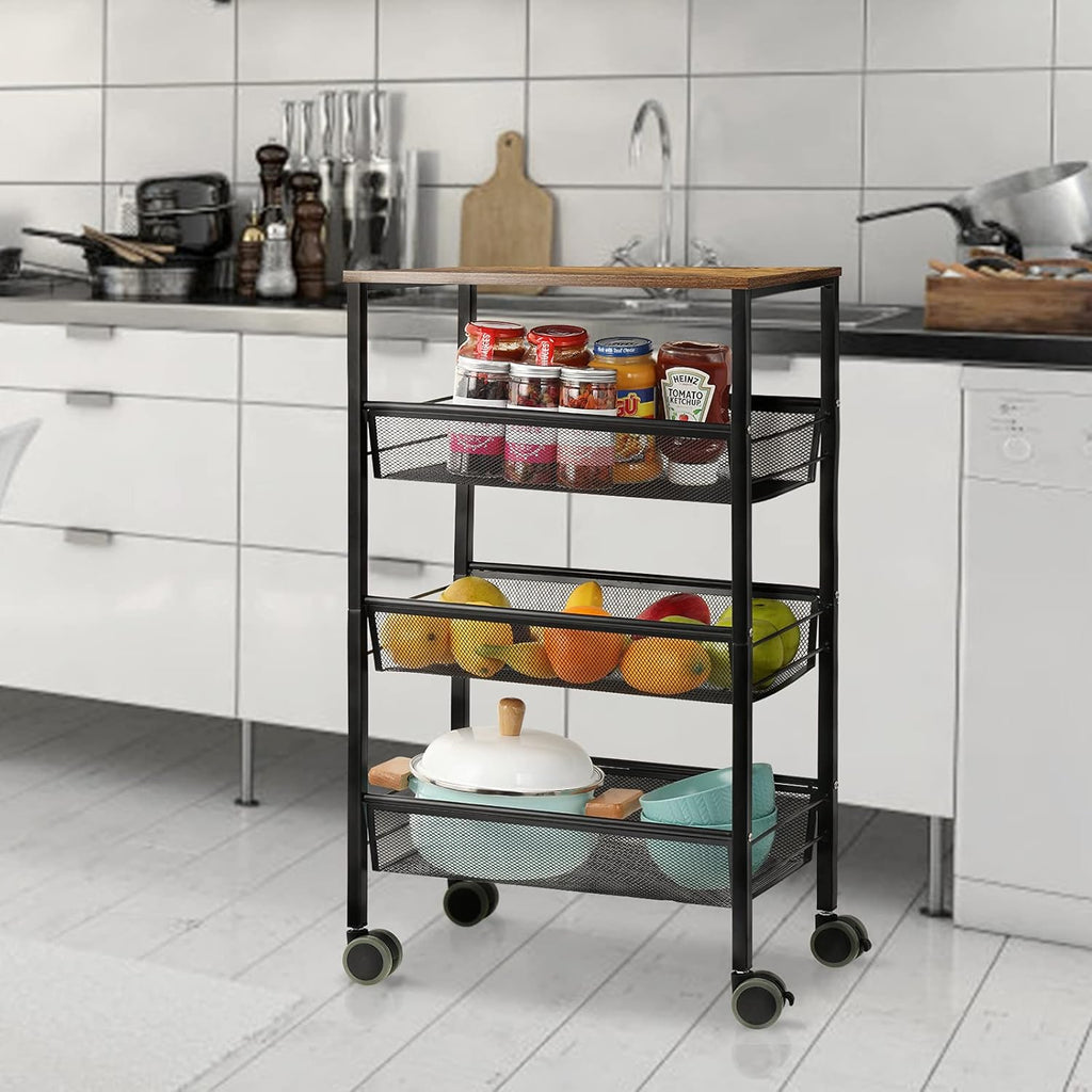Black 3-Tier Rolling Kitchen Cart with Wooden Shelves J243