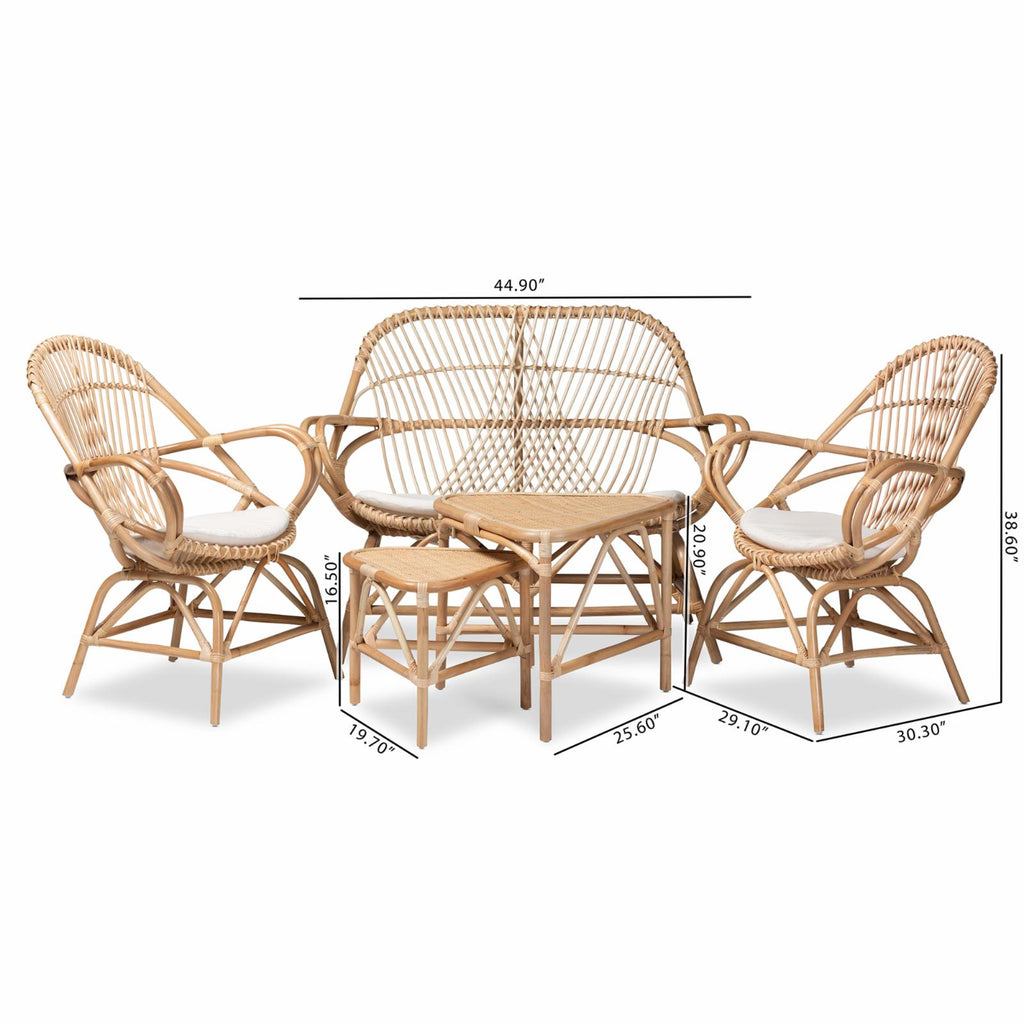 White Fabric and Brown Rattan 5-Pc Living Room Set B700860
