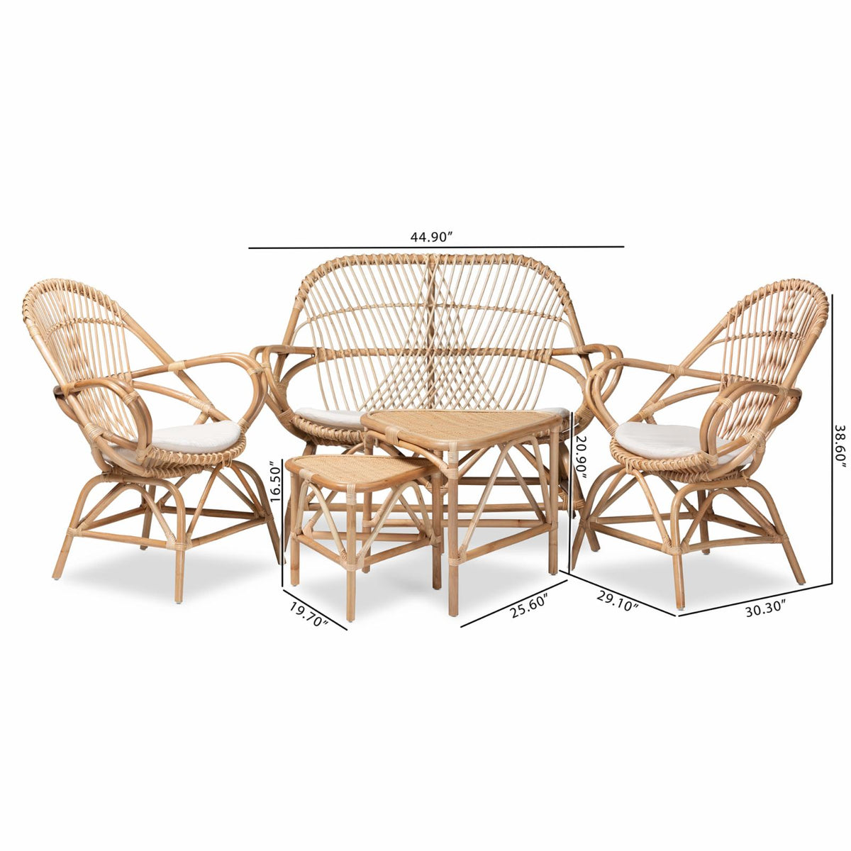 White Fabric and Brown Rattan 5-Pc Living Room Set B700860
