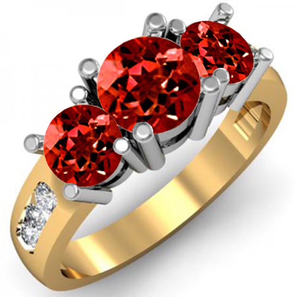 18K Yellow Gold Red Garnet White Diamond 3 Stone Engagement Ring E1880