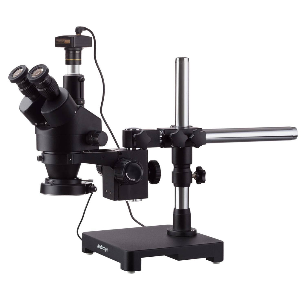 Black Trinocular Stereo Zoom Microscope on Single Arm Boom Stand with 144 LED Ring-light and 5MP Camera X55563