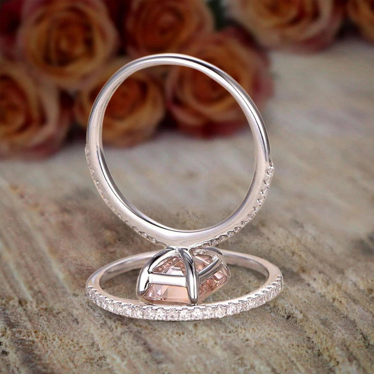 Emerald Cut Morganite Moissanite Engagement Ring Bridal Set with 18k Gold Plating D713680