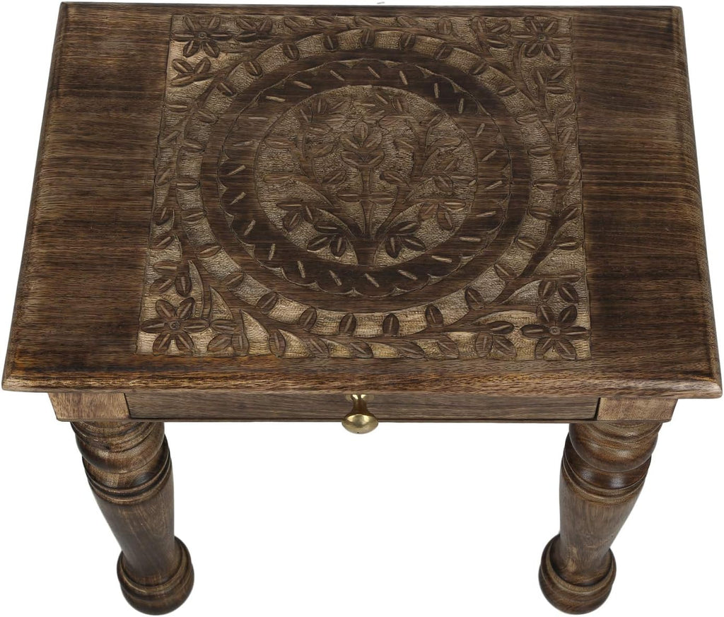Wooden Side Table with Tree of Life Carved X317