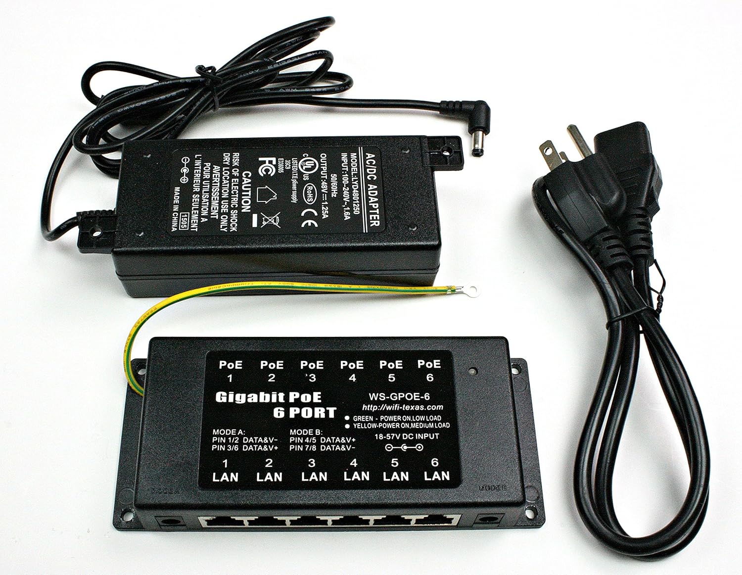 Gigabit 6 Port Passive Power Over Ethernet Injector with 48 Volt 60 Watt Power Supply, Pack of 2 H43315