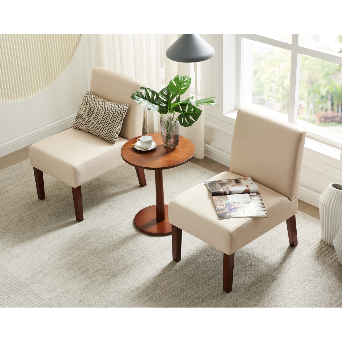 Fabric Accent Chair Set of 2 with Round Wood Table J425619