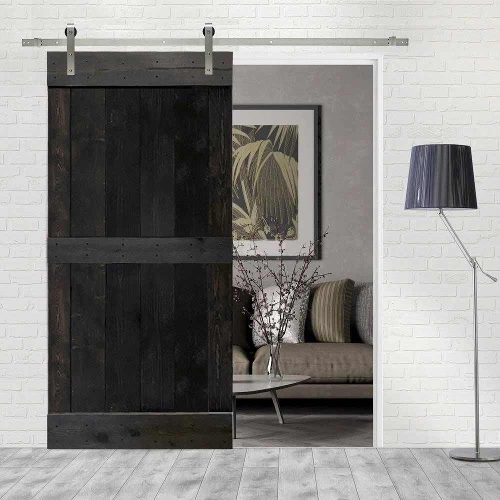 Charcoal Black Stained Wooden Sliding Barn Door with Hardware Kit T14716