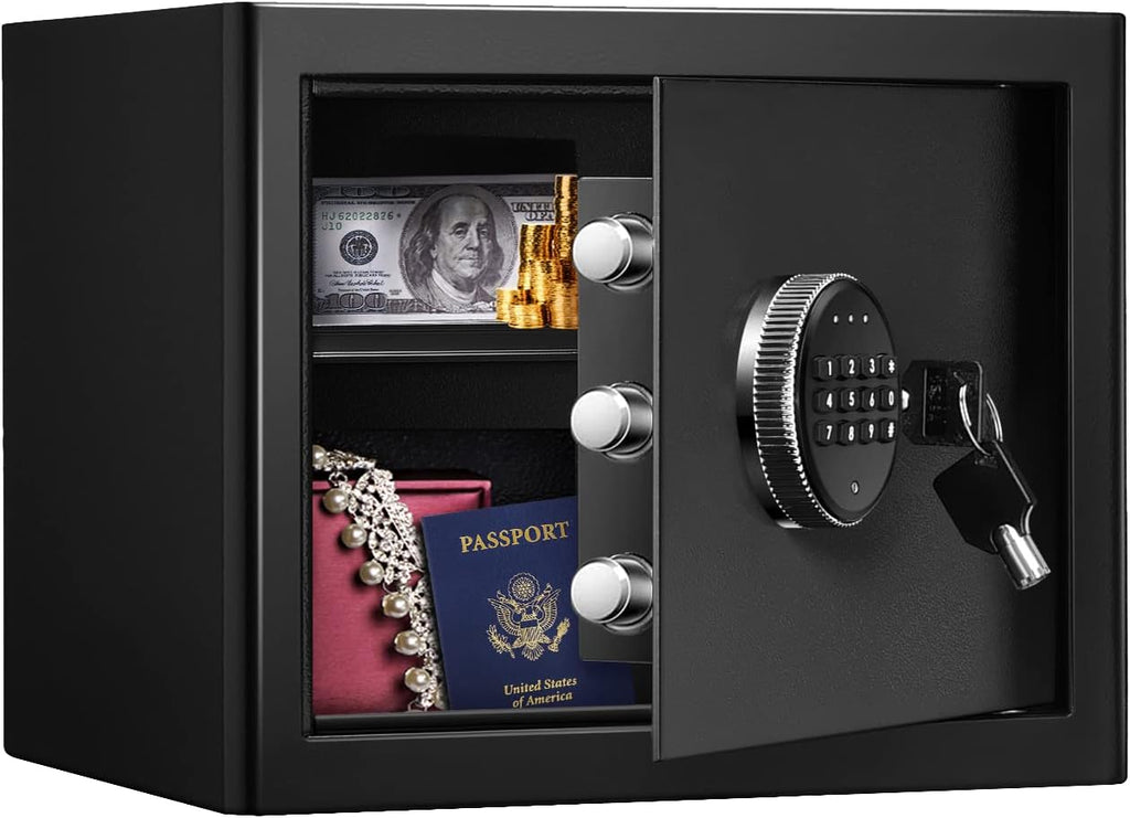 Security Safe Cash Box with Double Digital Keypad Key Lock (13.78 x 9.85 x 9.85 Inch) Z570146
