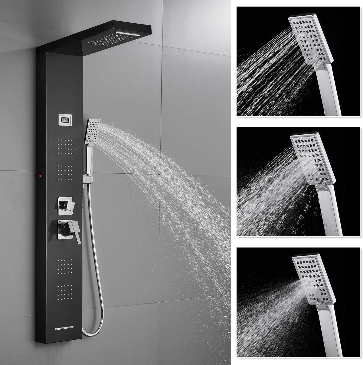 Stainless Steel Shower Panel Tower System with LED Rainfall Shower Head, Handheld Shower Head, 4 Body Jets, Tub Spout, Water Temperature Display R27405