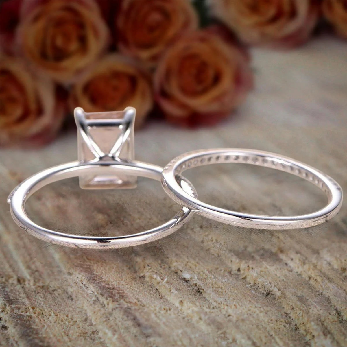 Emerald Cut Morganite Moissanite Engagement Ring Bridal Set with 18k Gold Plating D713680