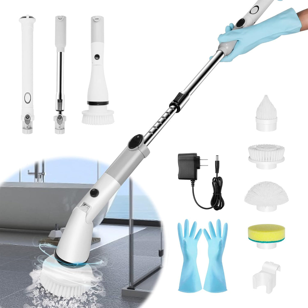 Electric Spin Scrubber with Adjustable Extension Handle & 4 Replaceable Brush Heads L848