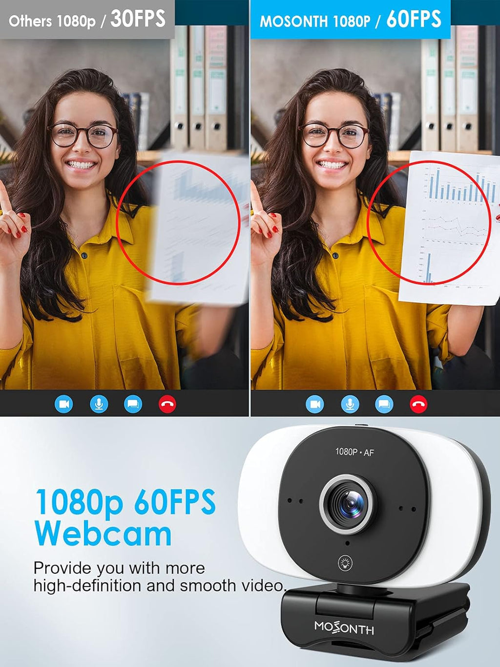 1080P Webcam with Microphone, Autofocus, Privacy Cover, Tripod T864272