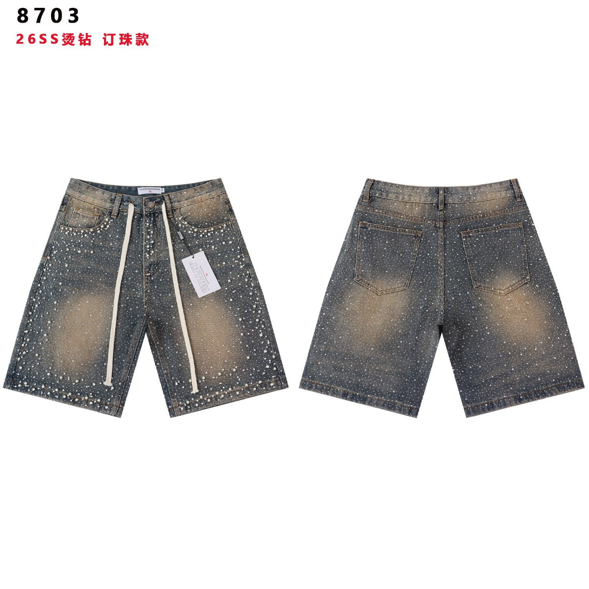 VALE Pearl-Studded Washed Denim Shorts
