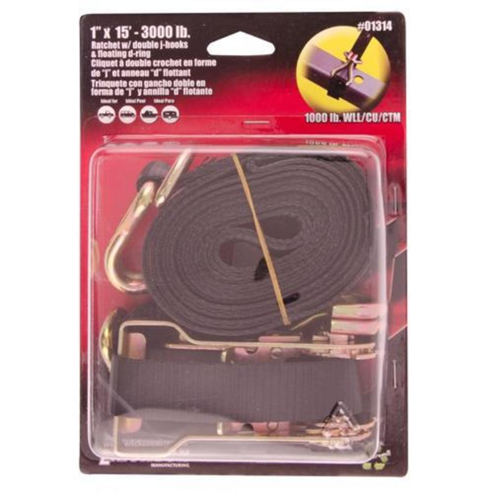 Ratchet Strap with Double Floating Ring, 1in. x 15ft., Black K461