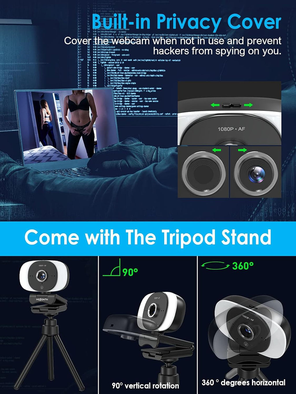 1080P Webcam with Microphone, Autofocus, Privacy Cover, Tripod T864272