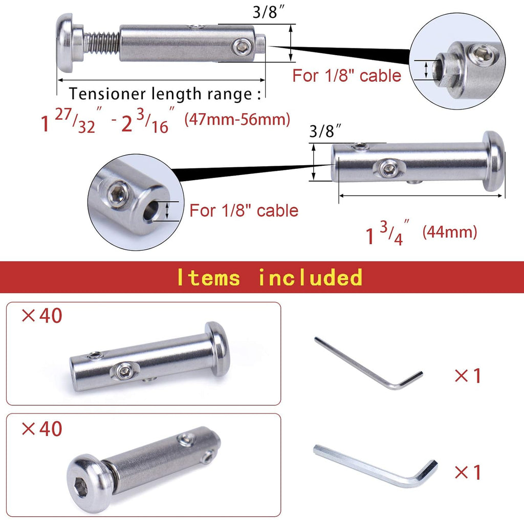 40Set Cable Railing Kit Invisible Swageless Turnbuckle Tensioner Terminal Hidden Round Head for 2x2 Metal Post Deck Stairs G17017