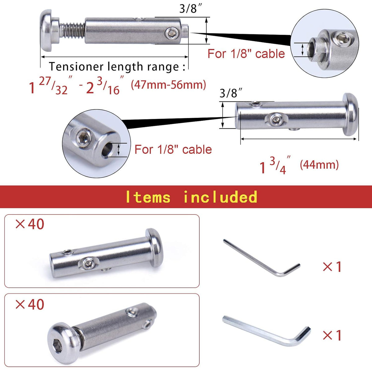 40Set Cable Railing Kit Invisible Swageless Turnbuckle Tensioner Terminal Hidden Round Head for 2x2 Metal Post Deck Stairs G17017
