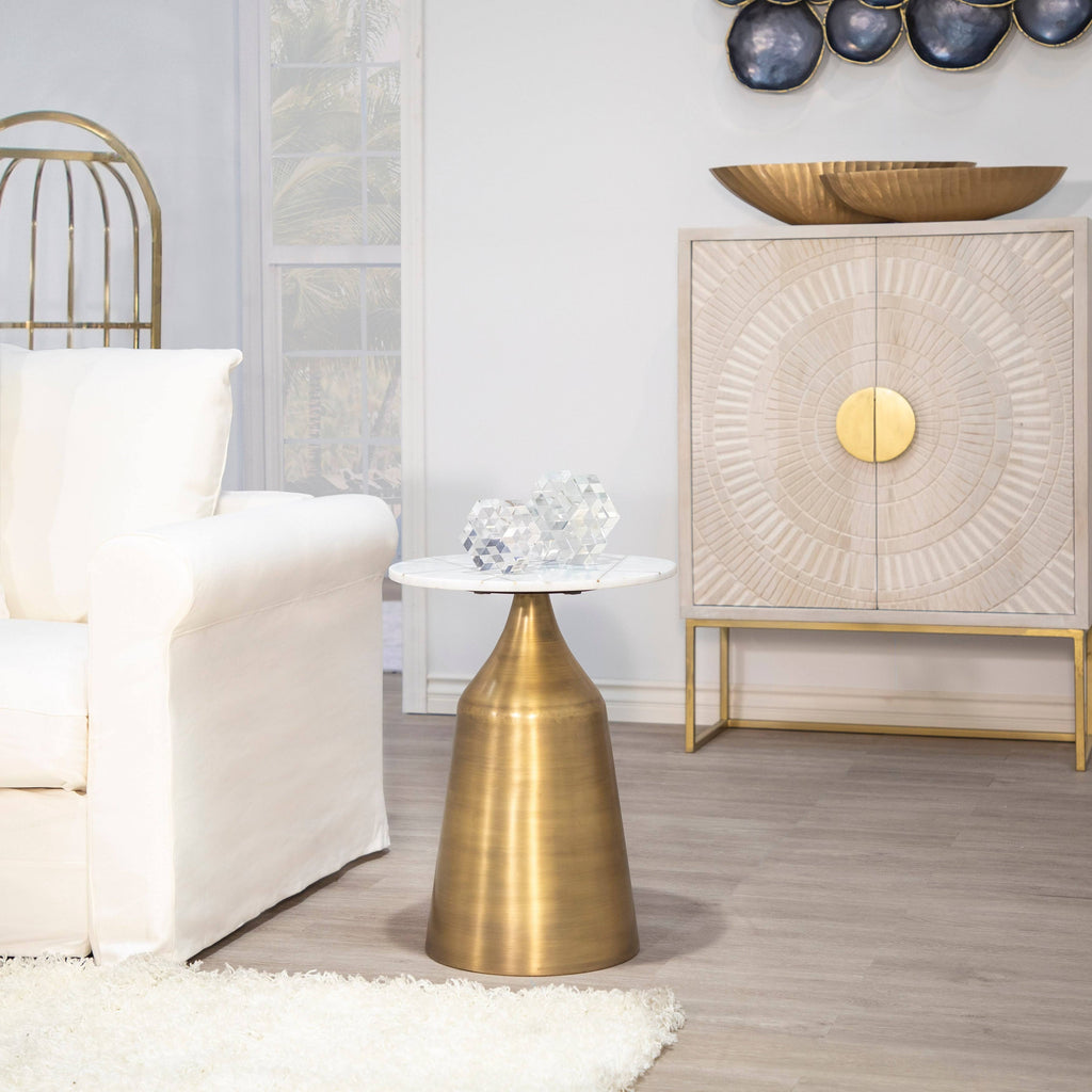 White Marble Round Side Table with Inlay W593335
