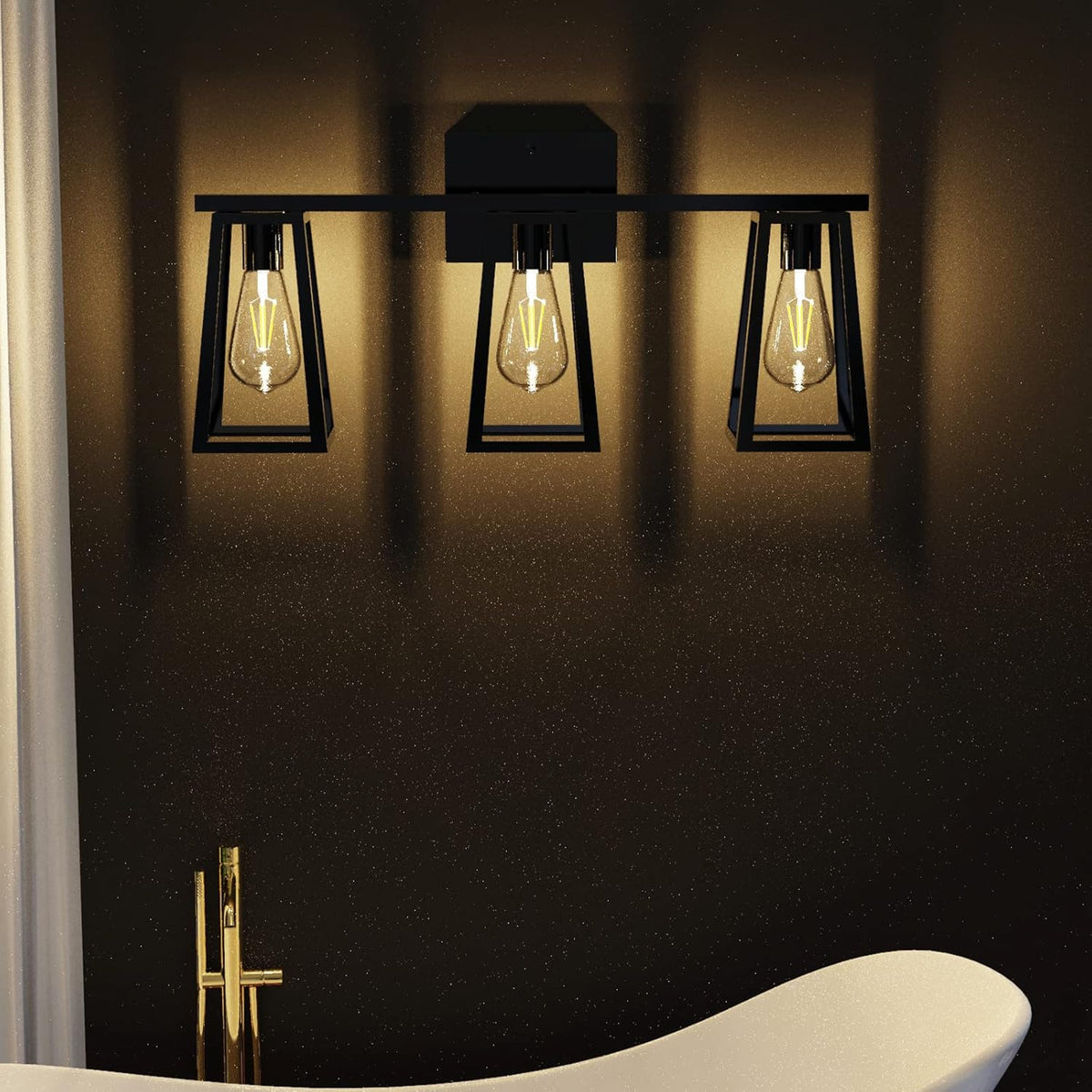 3-Light Matte Black Retro Vanity Light with Amber Glass LED Bulbs S835