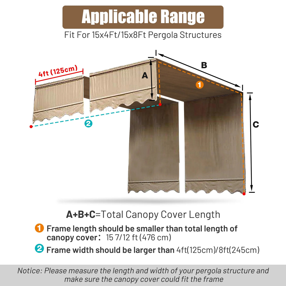 2 Pcs 15.5x4 Ft Canopy Cover Replacement with Valance Tan S682