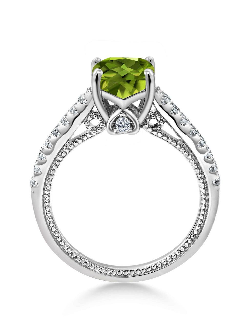 925 Sterling Silver Green Peridot and White Created Sapphire Engagement Ring (2.00 Cttw, Cushion) O128
