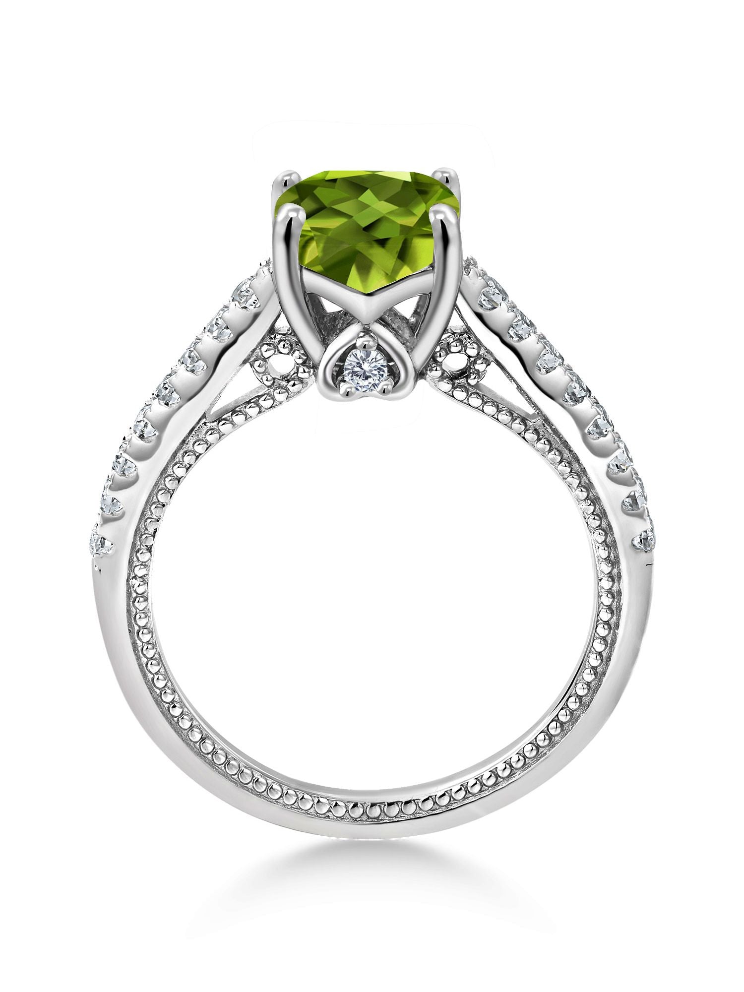 925 Sterling Silver Green Peridot and White Created Sapphire Engagement Ring (2.00 Cttw, Cushion) O128
