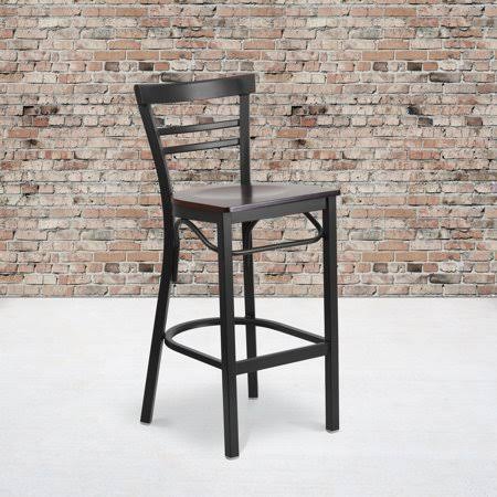 Black Ladder Back Metal Barstool with Walnut Wood Seat D195816