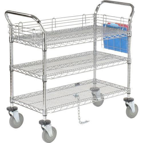 Chrome 3 Shelf Utility Cart with Polyurethane Brake Casters O8834