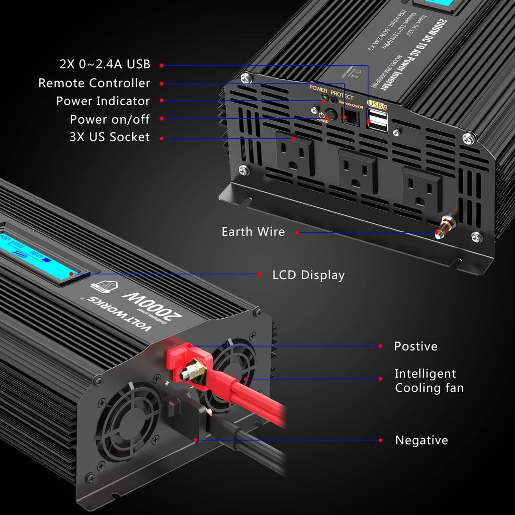 1100 watt DC 12V to AC 120V Modified Sine Wave Inverter with LCD Display Remote Control 2AC Outlets Dual 2.4A USB Ports X956515