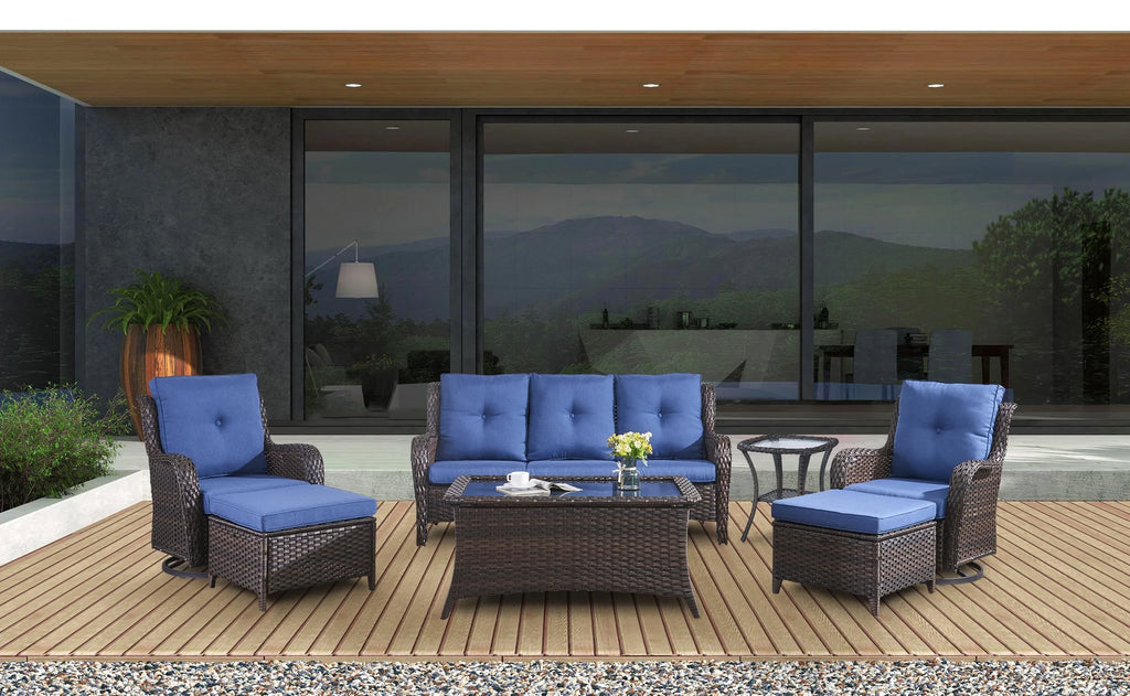 Blue 7 Pcs Outdoor Rattan Patio Furniture Set with Cushion Q5540