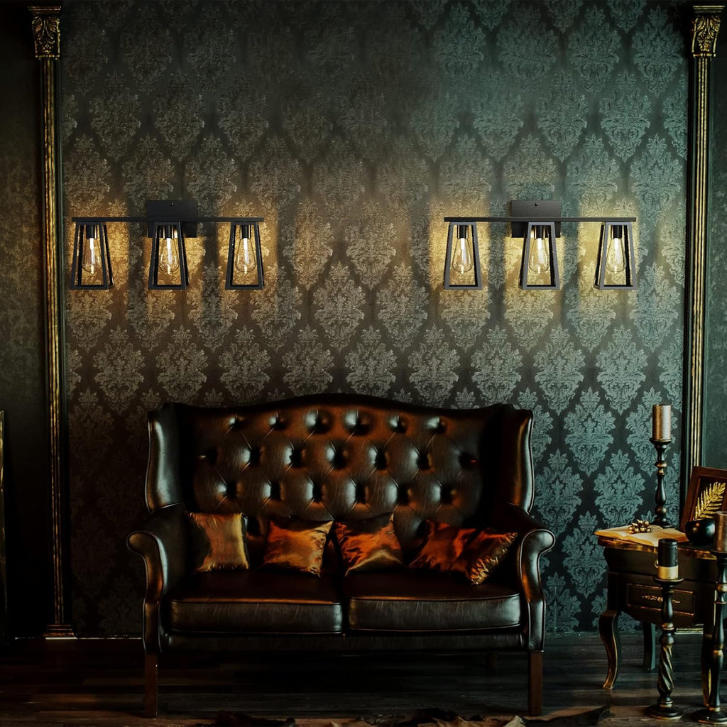 3-Light Matte Black Retro Vanity Light with Amber Glass LED Bulbs S835