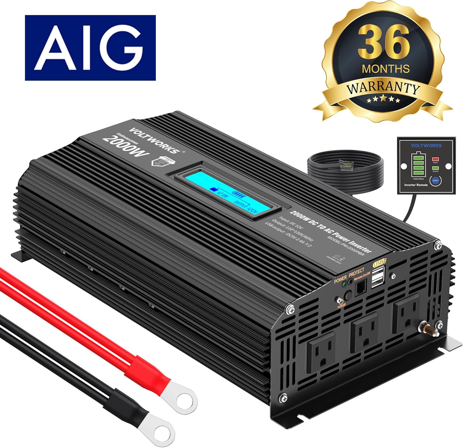 1100 watt DC 12V to AC 120V Modified Sine Wave Inverter with LCD Display Remote Control 2AC Outlets Dual 2.4A USB Ports X956515