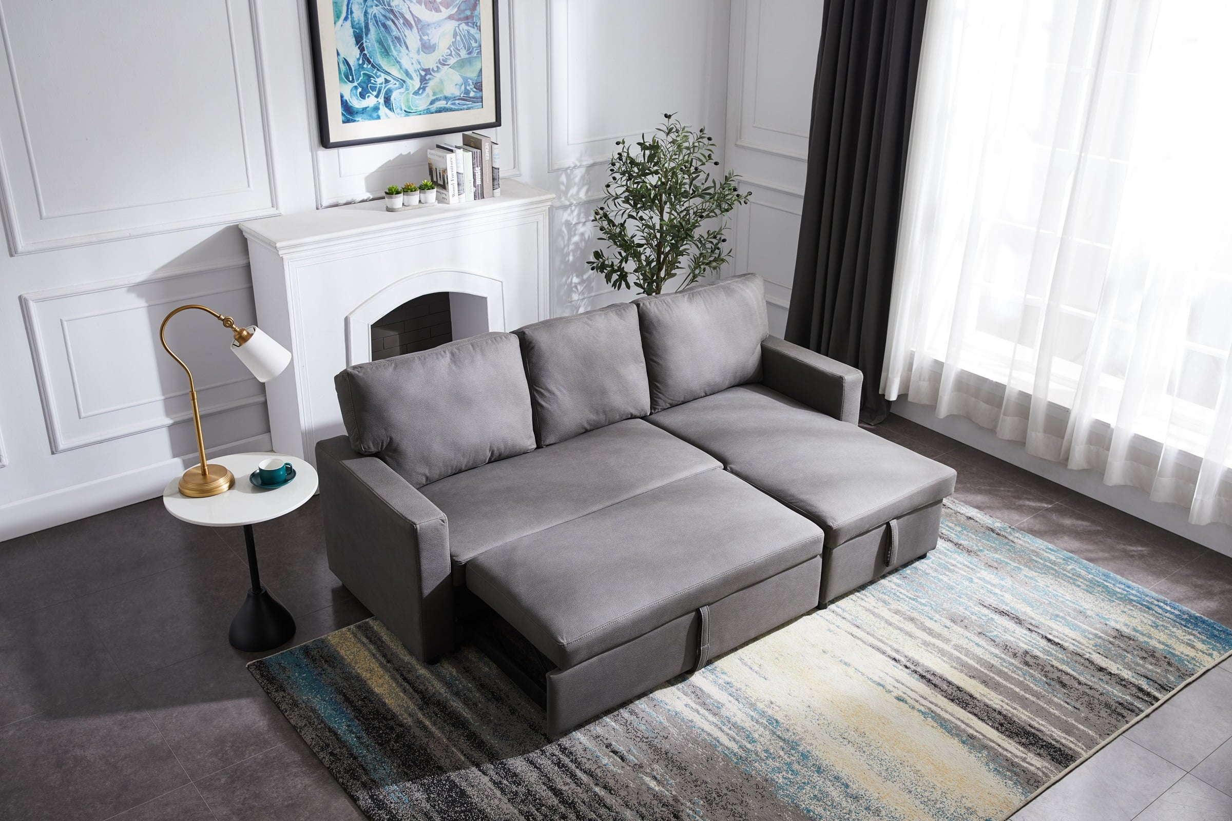 Stone Fabric Pull Out Sleeper Sofa Bed with Reversible Chaise U515