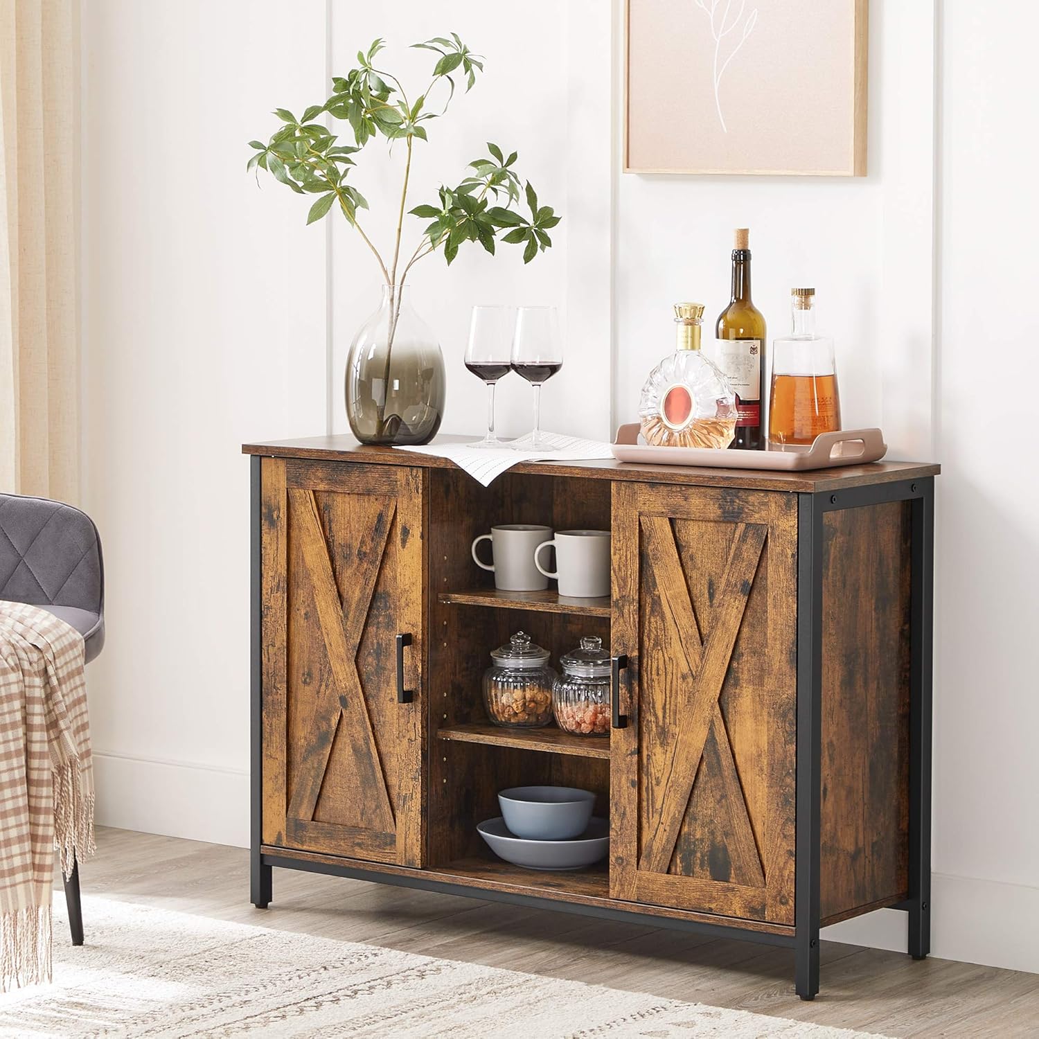 Rustic Brown and Black Buffet Cabinet with Barn Doors G39691