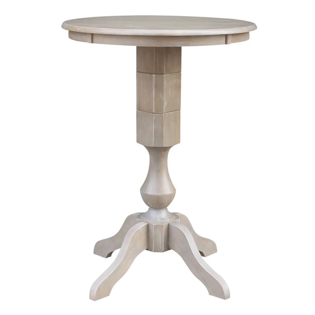 Washed Gray Taupe Round Pedestal Bar Height Table with 2 Bar Height Stools B567