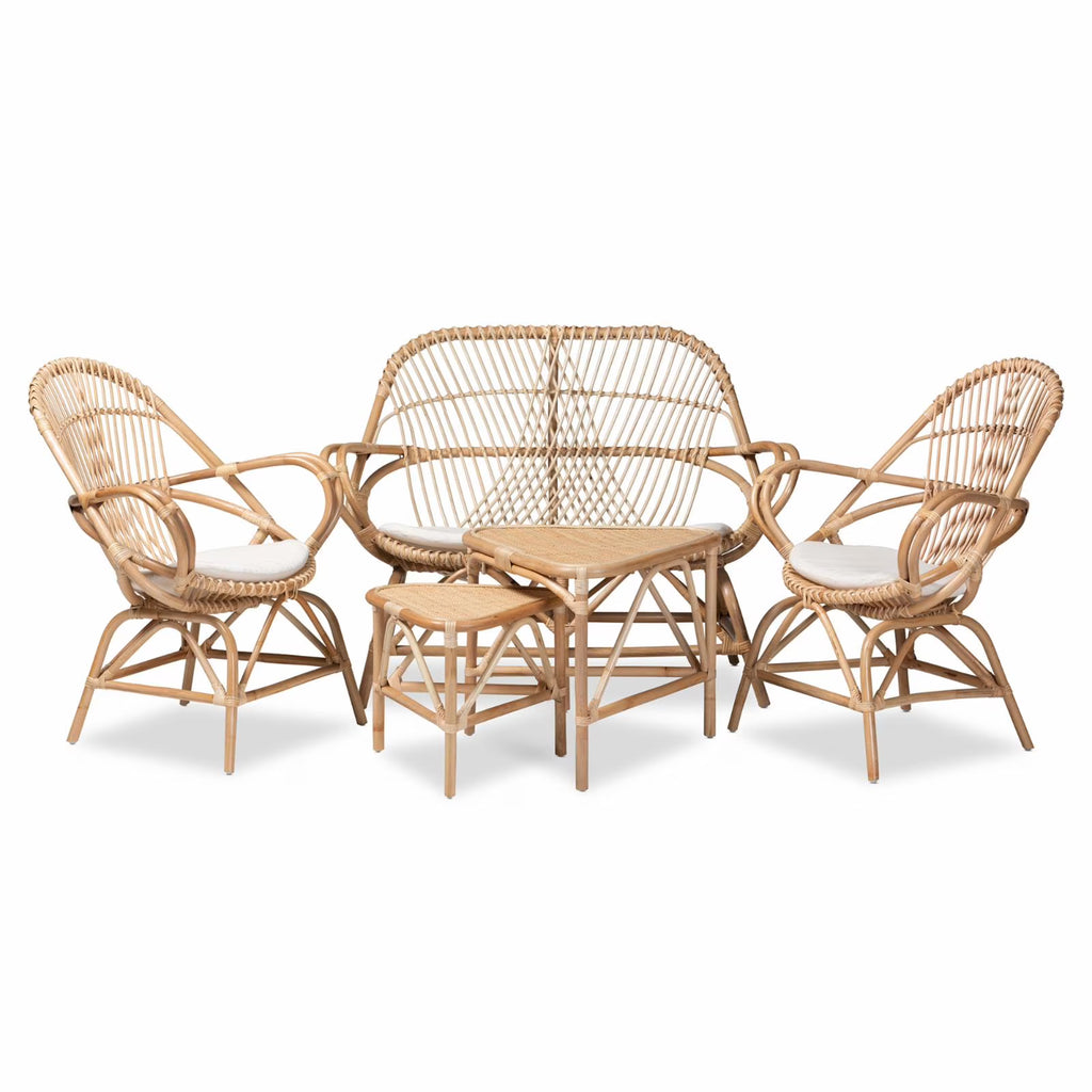 White Fabric and Brown Rattan 5-Pc Living Room Set B700860