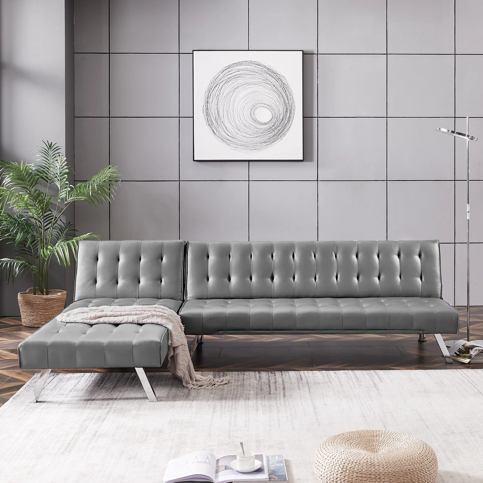 Grey Pu Reversible Sectional Sofa Sleeper with Metal Legs W497700