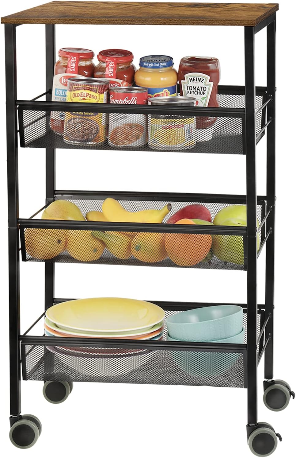Black 3-Tier Rolling Kitchen Cart with Wooden Shelves J243