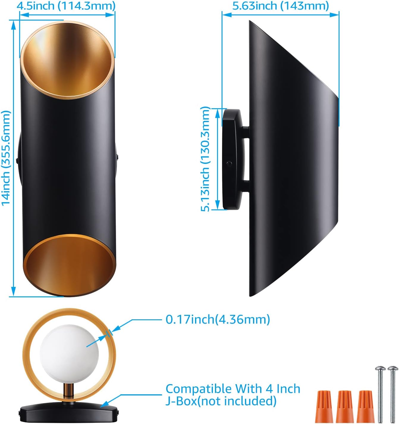 Matte Black Aluminum and Gold Finish LED Wall Light, Pack of 2 V472