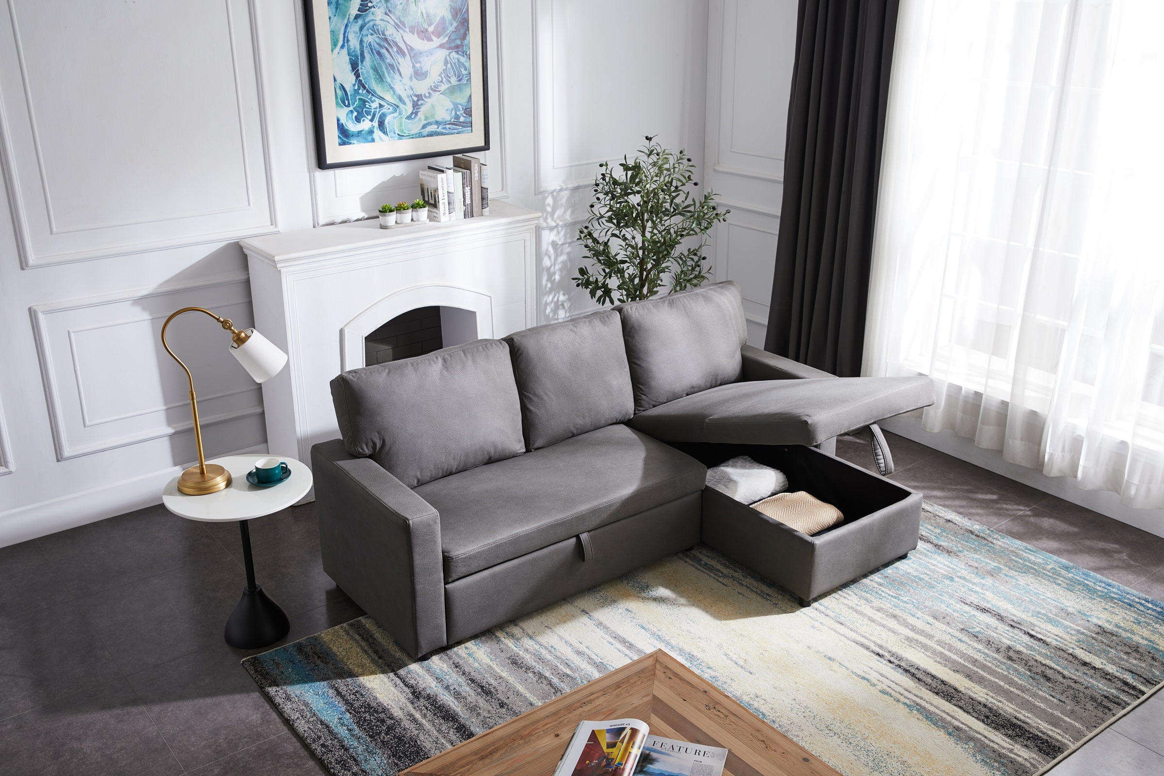 Stone Fabric Pull Out Sleeper Sofa Bed with Reversible Chaise U515