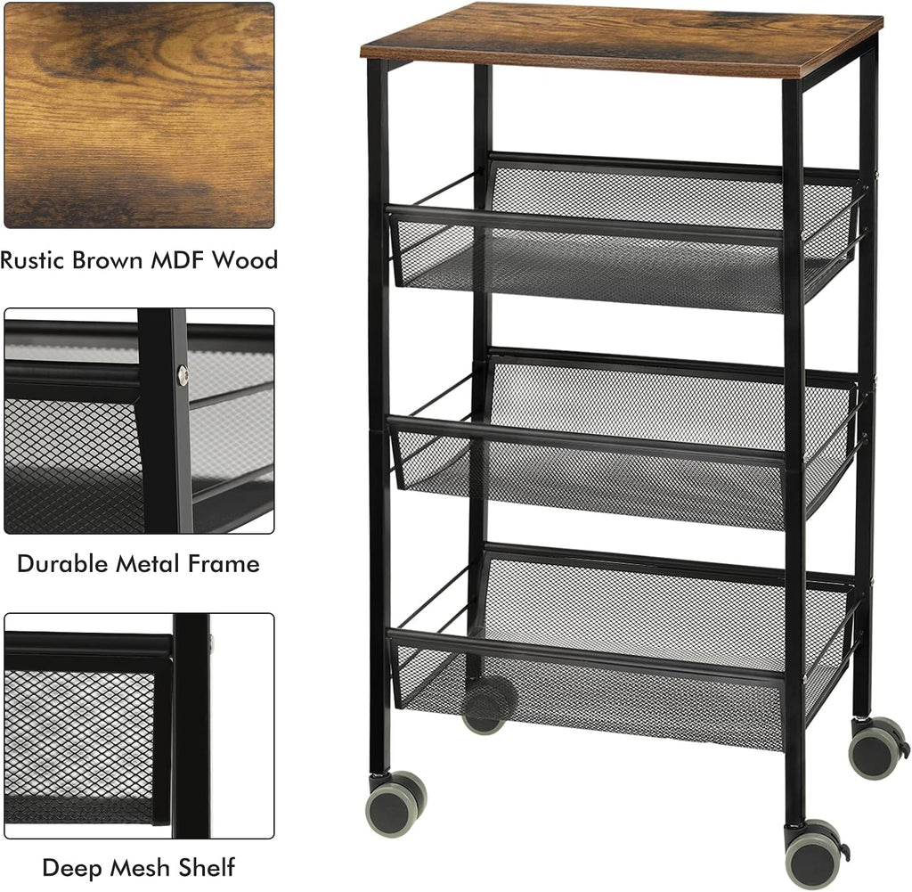Black 3-Tier Rolling Kitchen Cart with Wooden Shelves J243