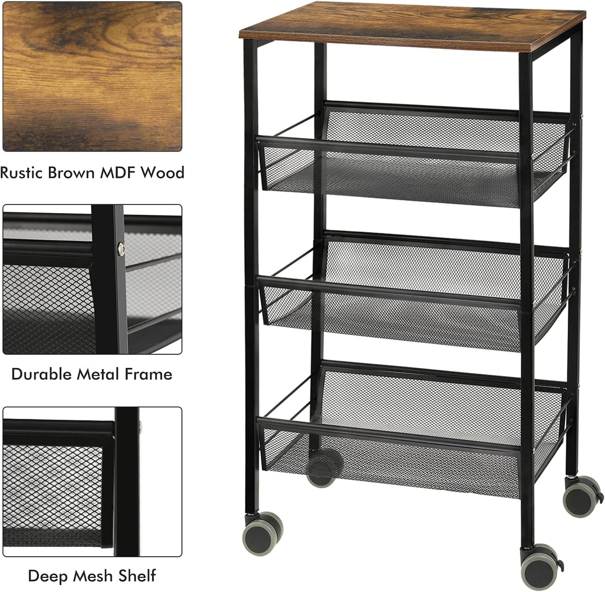 Black 3-Tier Rolling Kitchen Cart with Wooden Shelves J243